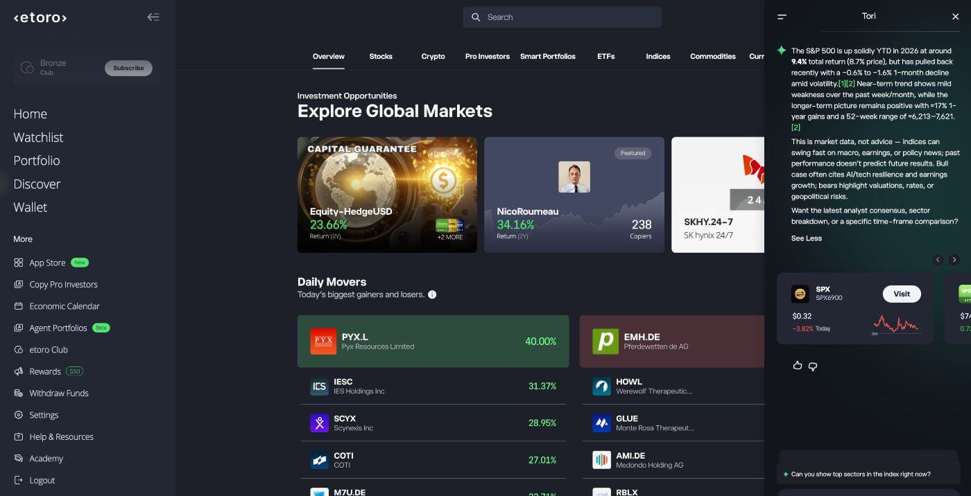 eToro account's discover page with Tori used for research.