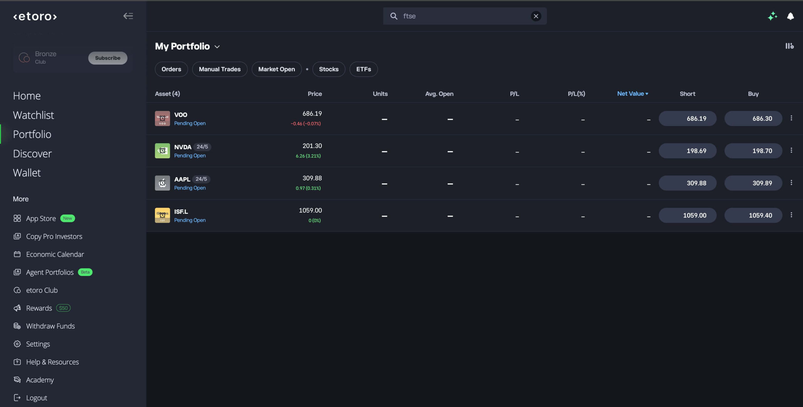 eToro account's Portfolio screen