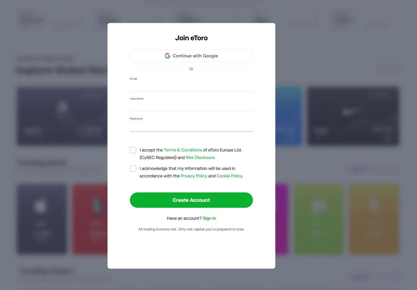 eToro's sign up screen