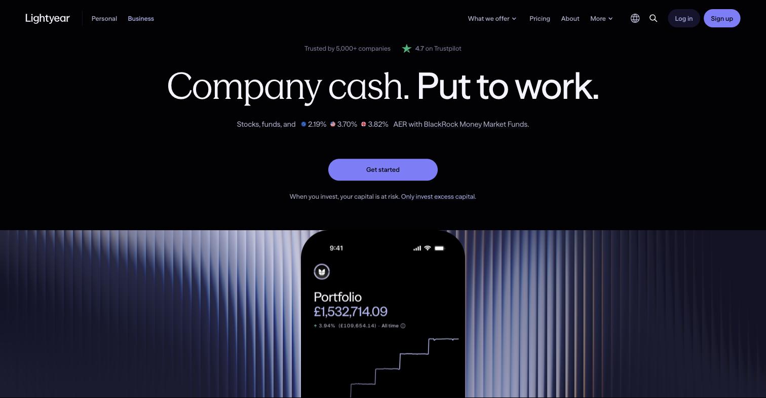 Lightyear Business account page showing money market fund rates available on company cash