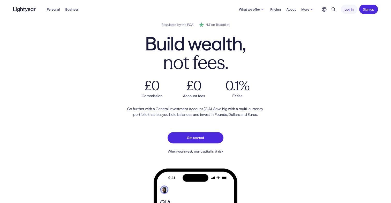 Lightyear General Investment Account page showing zero commission and a multi currency portfolio in pounds, dollars and euros