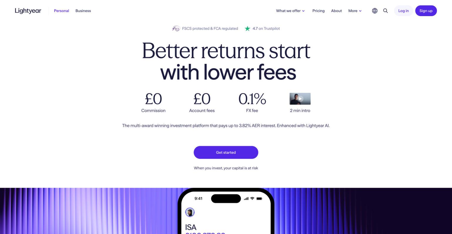 Lightyear UK home page showing zero commission, zero account fees and a 0.1% FX fee