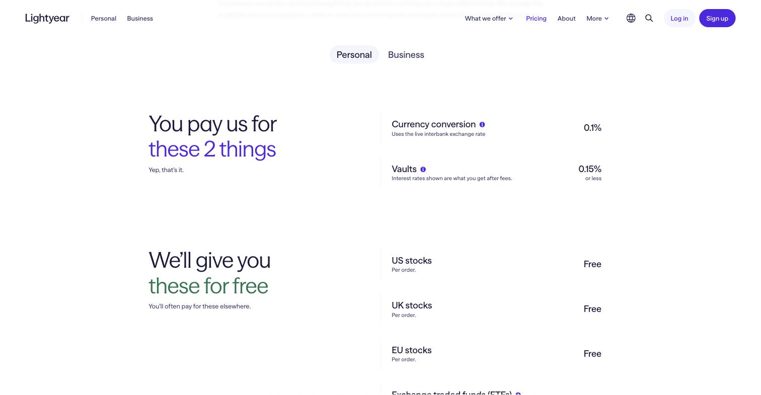 Lightyear pricing page showing a 0.1% currency conversion fee and free orders on UK, US and EU stocks