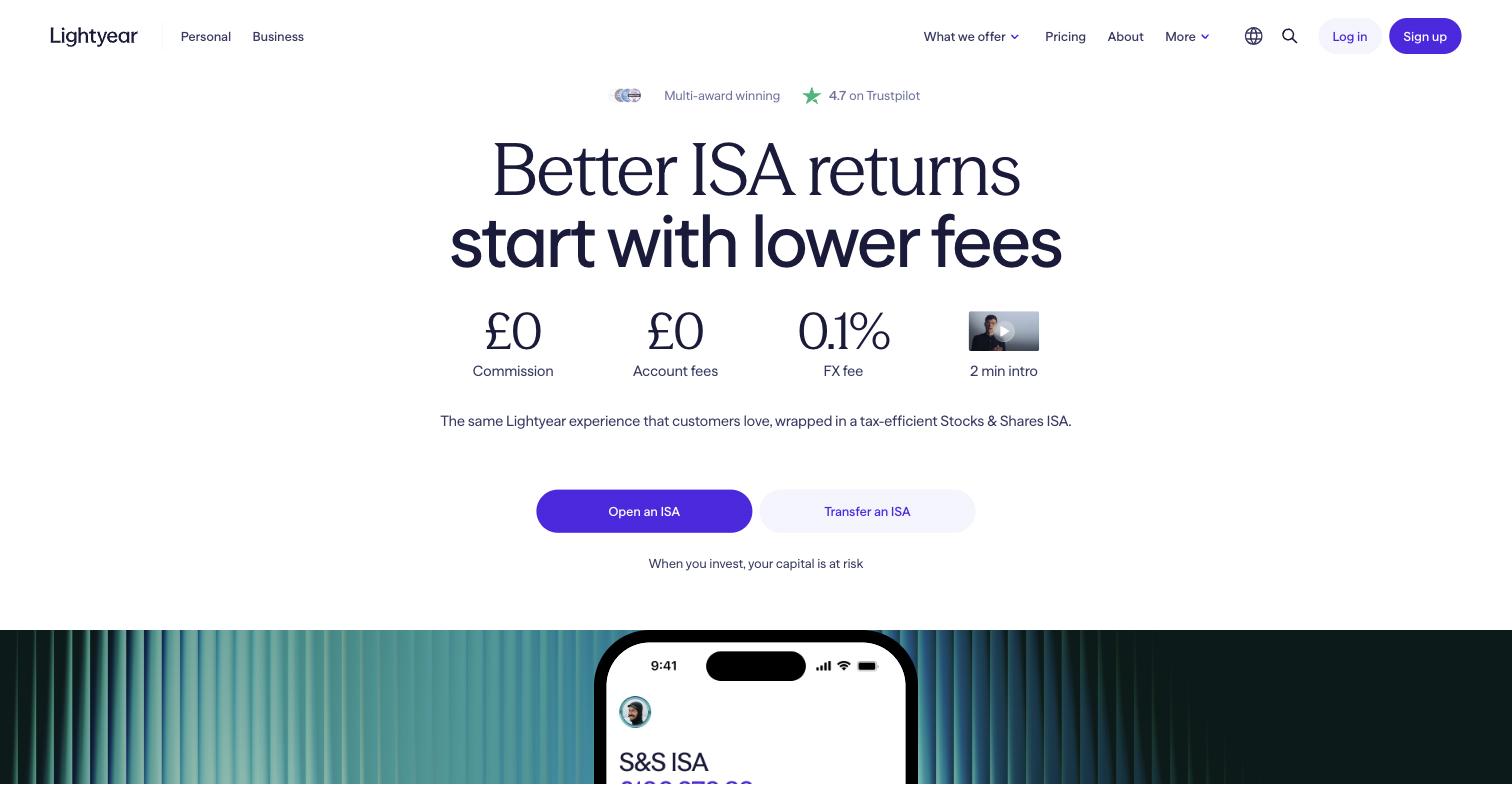 Lightyear Stocks and Shares ISA page showing zero commission, no account fees and a 0.1% FX fee