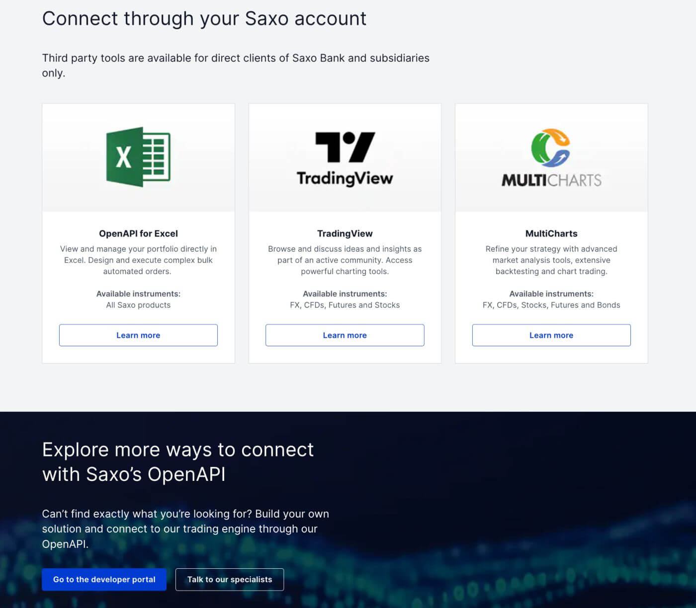 Saxo third party integrations including TradingView and Excel