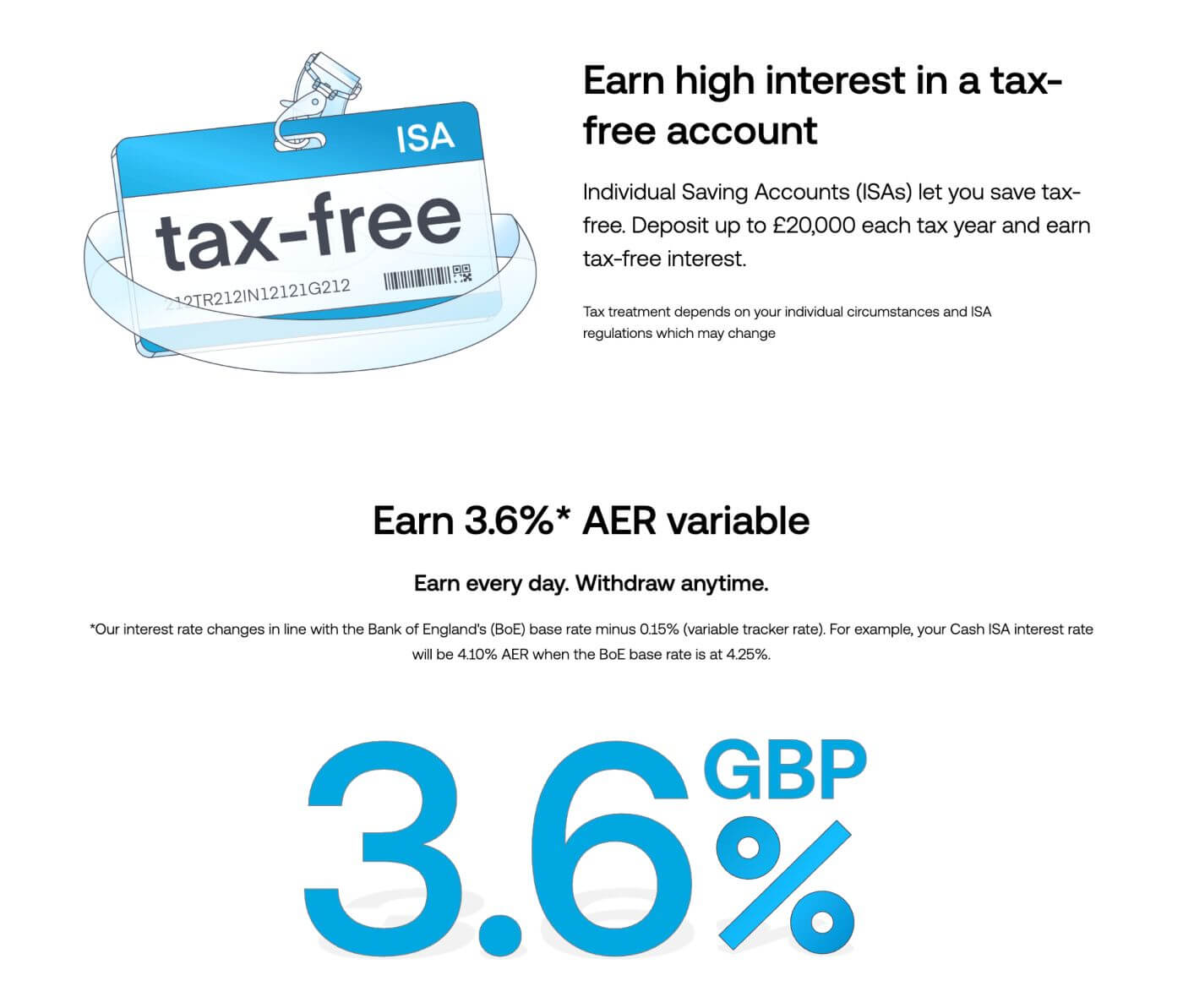Trading 212 Cash ISA page showing a tax-free savings account with a variable AER