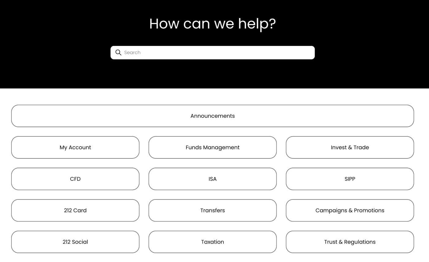 Trading 212 Help Centre search page with support article categories