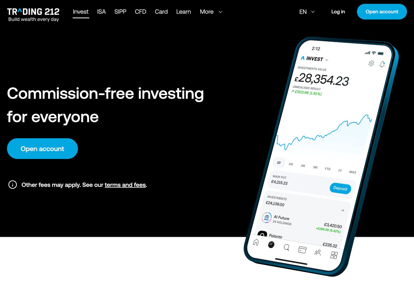 Trading 212 UK home page showing commission-free investing in stocks and ETFs