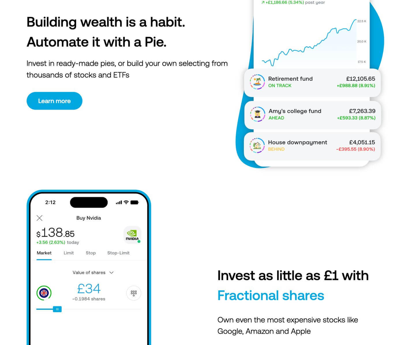 Trading 212 Invest account page showing the Pie and AutoInvest feature for automated investing