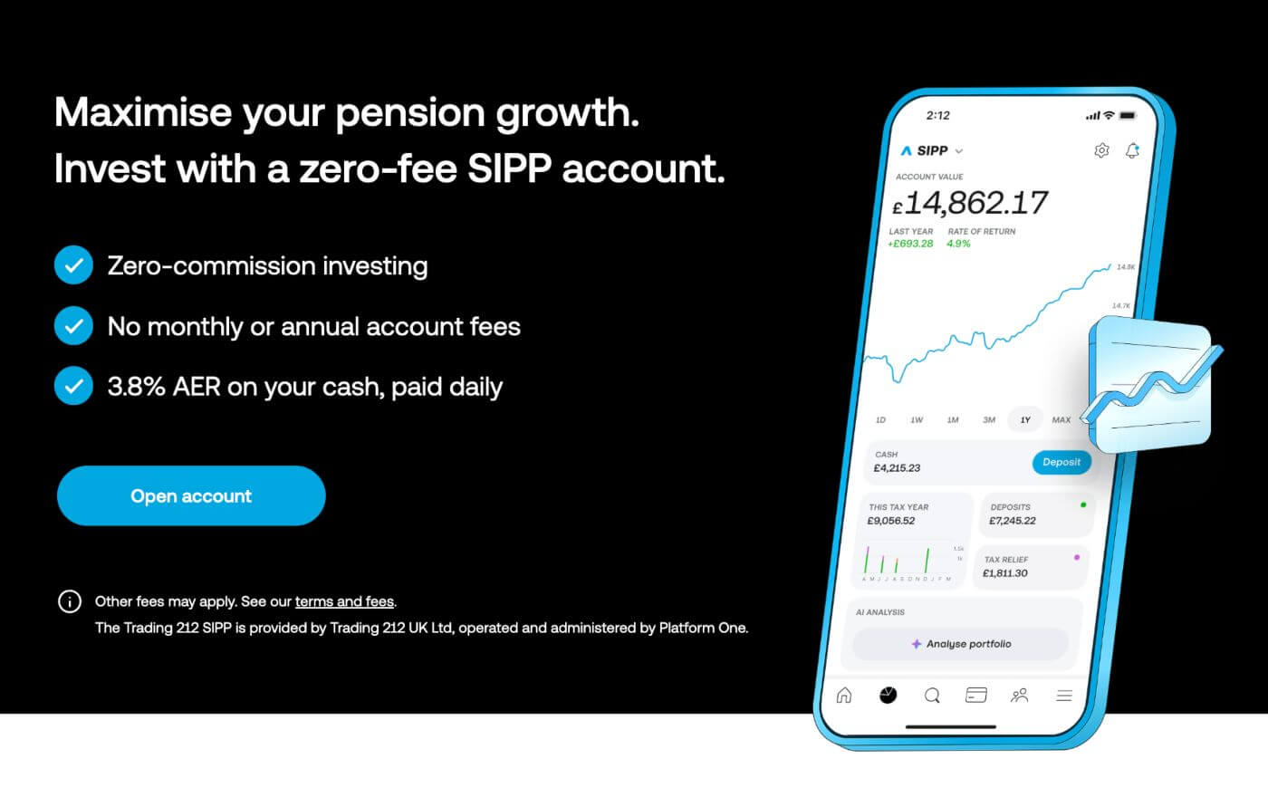 Trading 212 SIPP page showing a zero-fee pension account with no commission or annual account fees