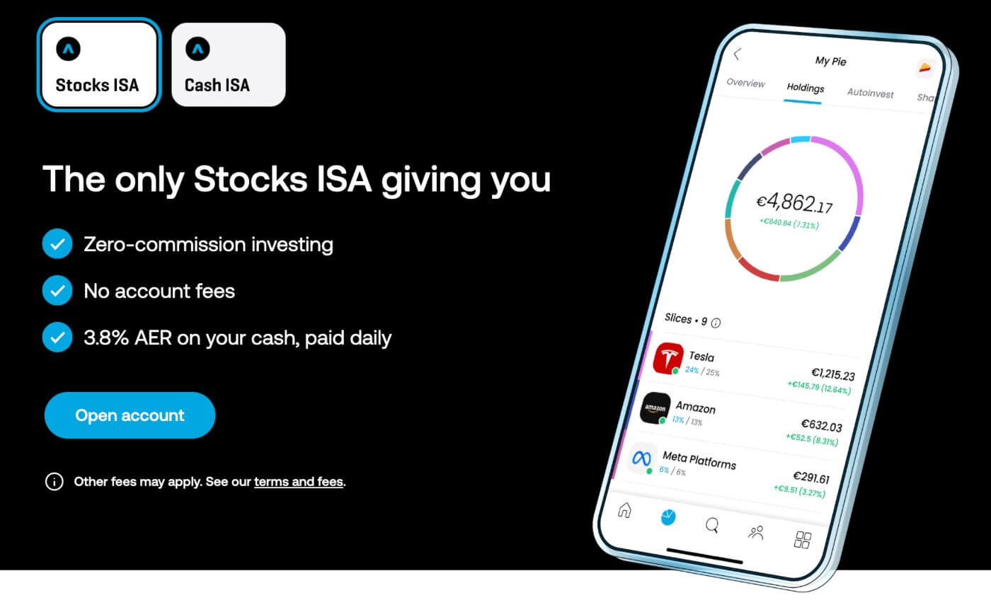 Trading 212 Stocks and Shares ISA page showing commission-free investing and daily interest on cash