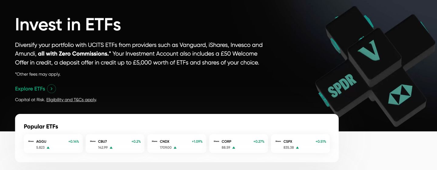 Trading.com ETF list showing UCITS funds from Vanguard, iShares, Invesco and Amundi