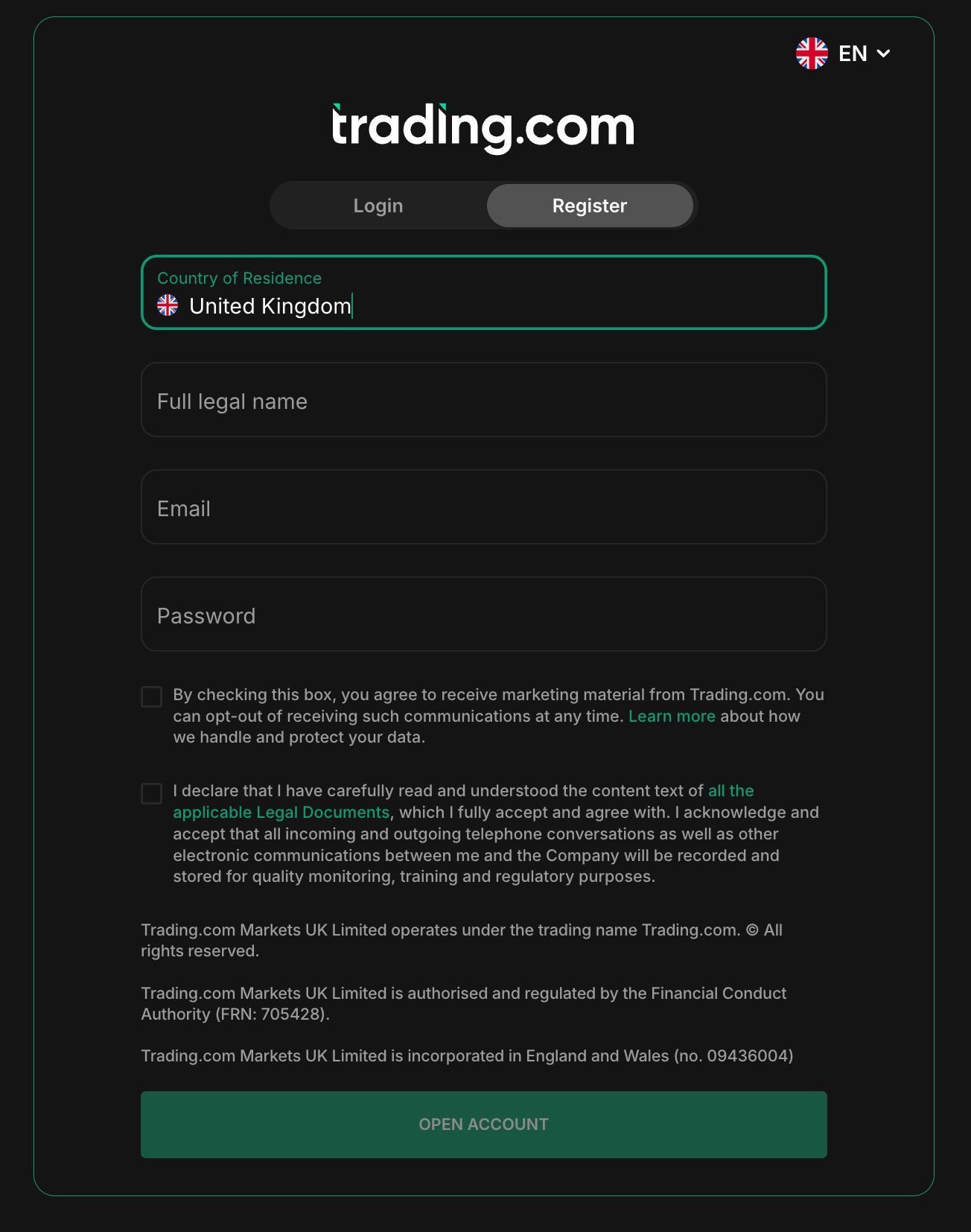 Trading.com UK registration form showing country, name, email and password fields