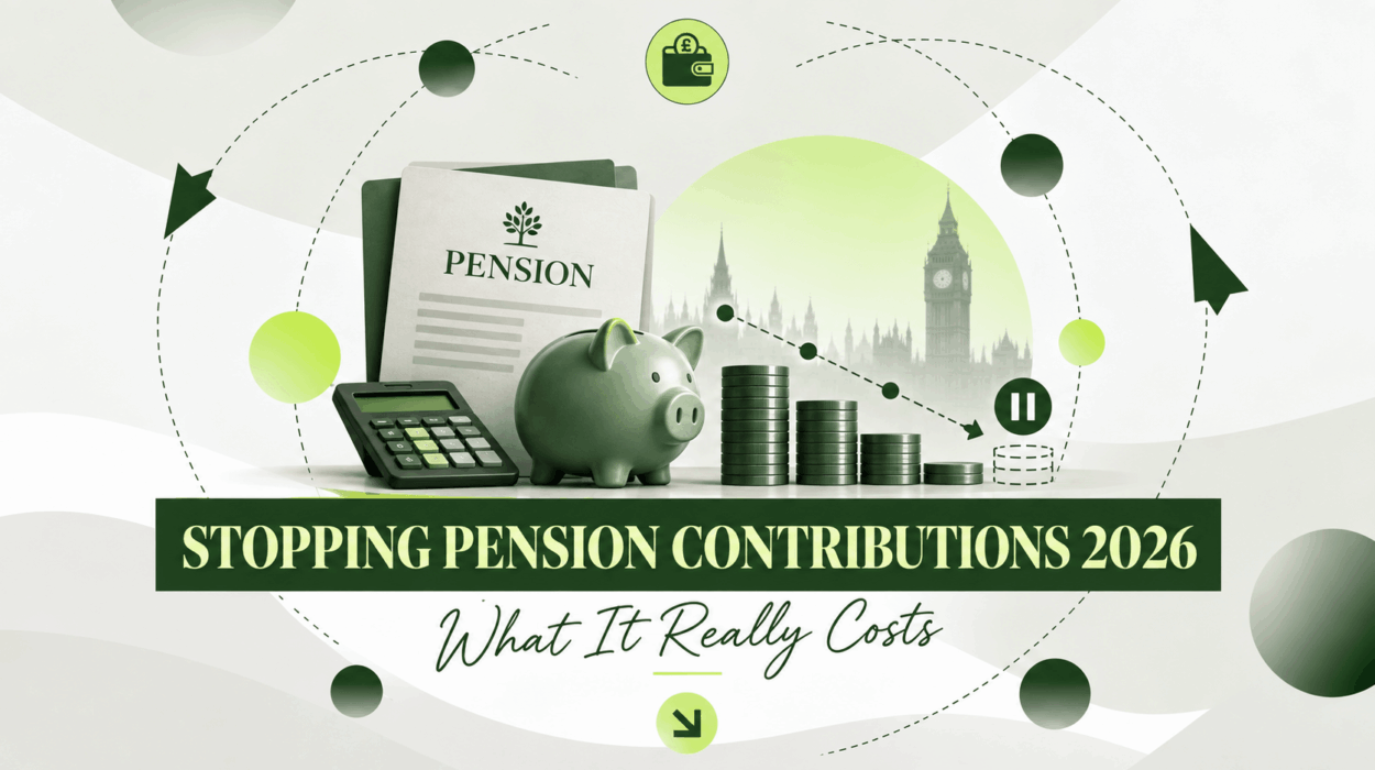 Piggy bank, calculator and a pension statement beside falling stacks of coins with a pause symbol, illustrating the cost of stopping pension contributions in 2026