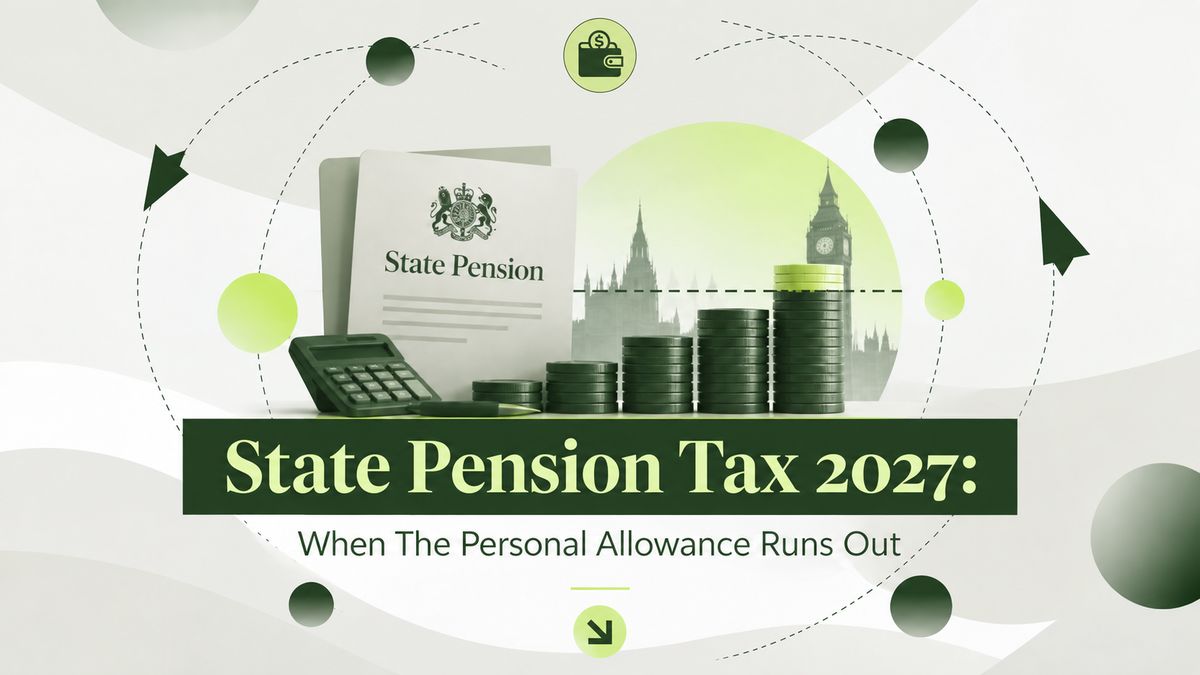 State pension tax illustration showing a State Pension letter, a calculator and rising coin stacks crossing a dashed personal allowance line