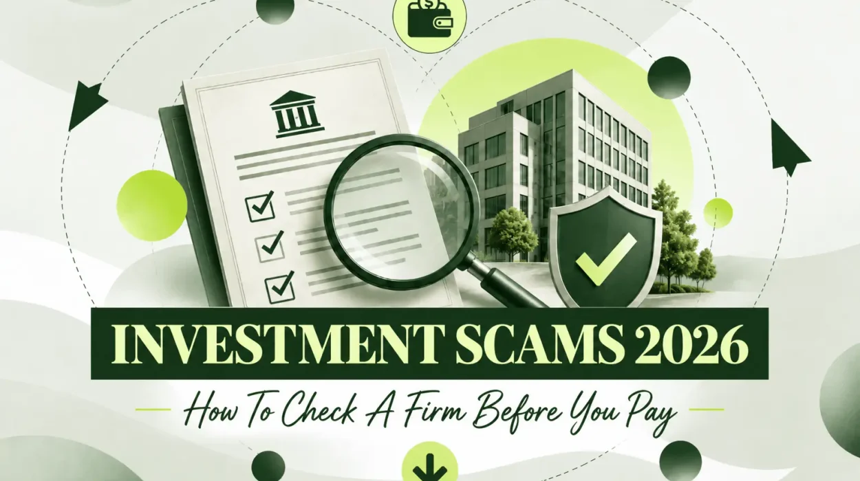 Investment Scams 2026 showing a building with a shielded checkmark sign a checklist next to it.
