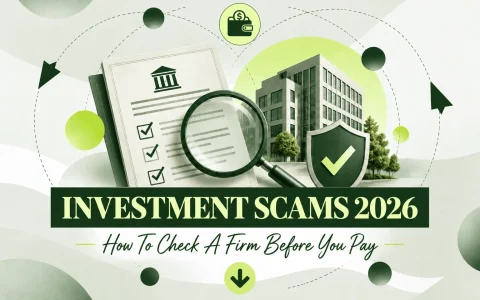 Investment Scams 2026 showing a building with a shielded checkmark sign a checklist next to it.