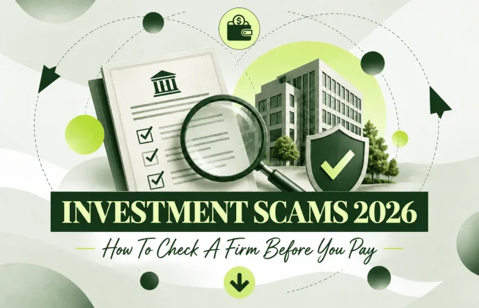 Investment Scams 2026 showing a building with a shielded checkmark sign a checklist next to it.