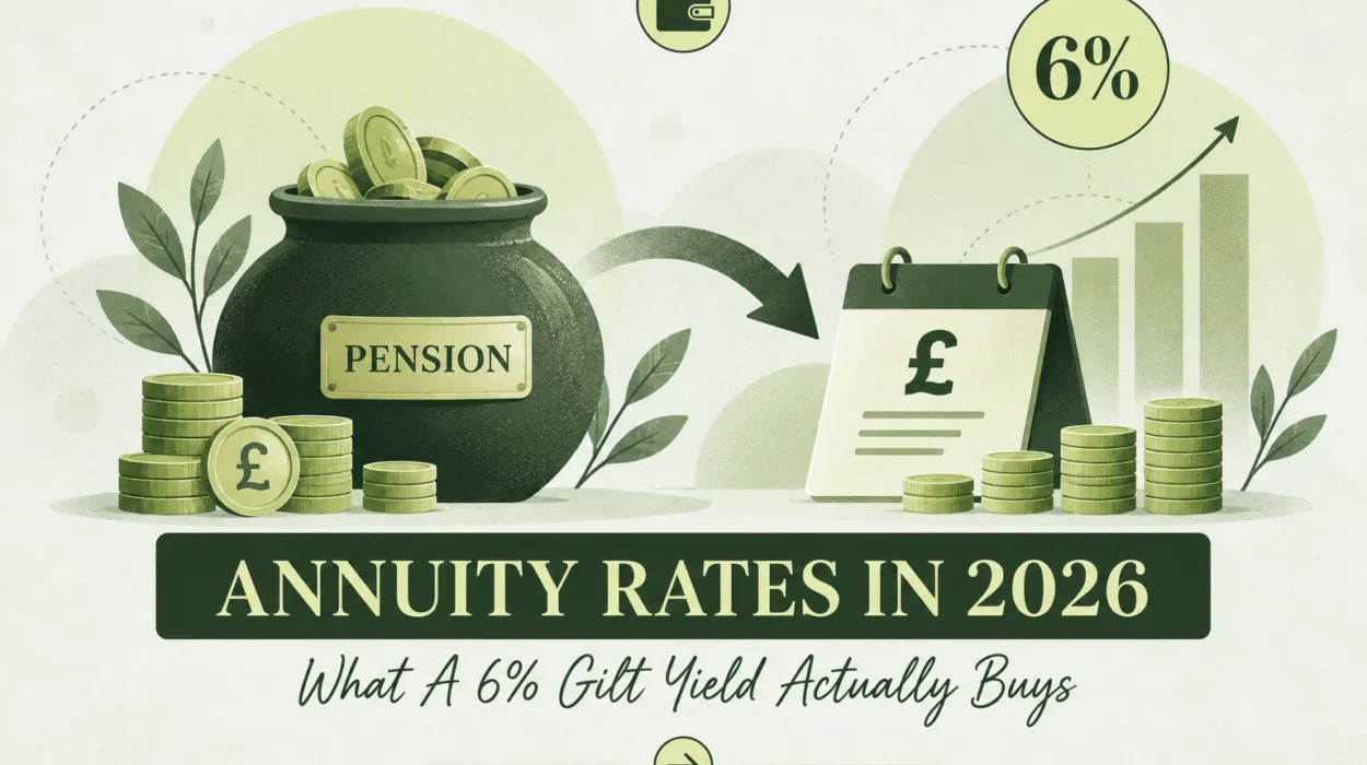 Pension pot of coins with an arrow to a pound statement, rising bar chart and a 6 per cent badge, illustrating how annuity rates follow gilt yields