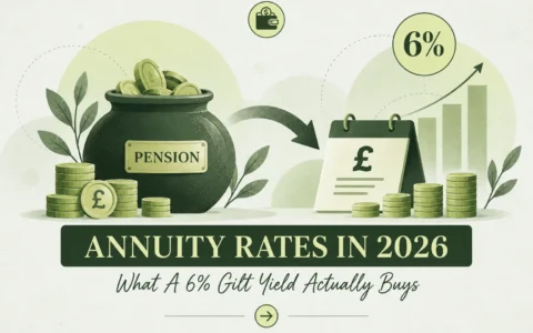 Pension pot of coins with an arrow to a pound statement, rising bar chart and a 6 per cent badge, illustrating how annuity rates follow gilt yields