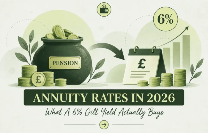 Pension pot of coins with an arrow to a pound statement, rising bar chart and a 6 per cent badge, illustrating how annuity rates follow gilt yields