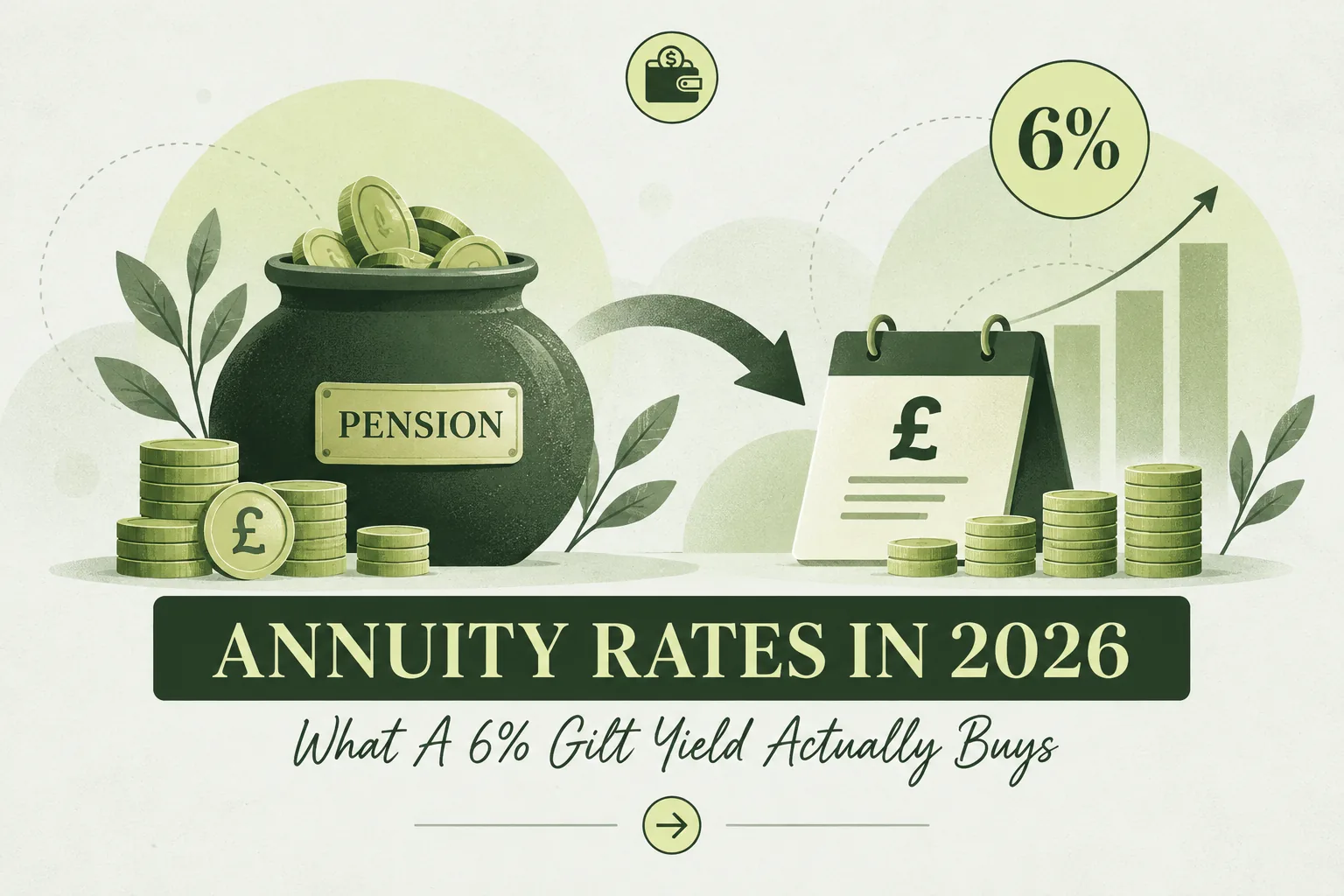 Pension pot of coins with an arrow to a pound statement, rising bar chart and a 6 per cent badge, illustrating how annuity rates follow gilt yields