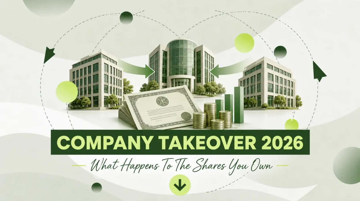 Company takeover illustration showing two office buildings merging into one beside a share certificate and stacks of coins