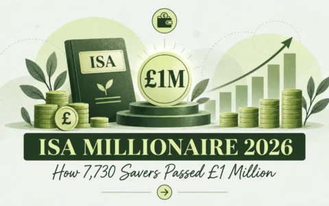 ISA millionaire graphic with a one million pound coin on a podium, an ISA book, stacked coins and a rising bar chart