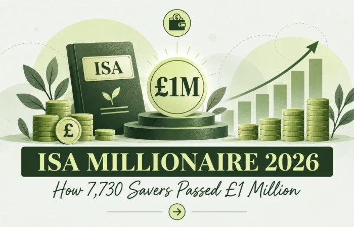 ISA millionaire graphic with a one million pound coin on a podium, an ISA book, stacked coins and a rising bar chart