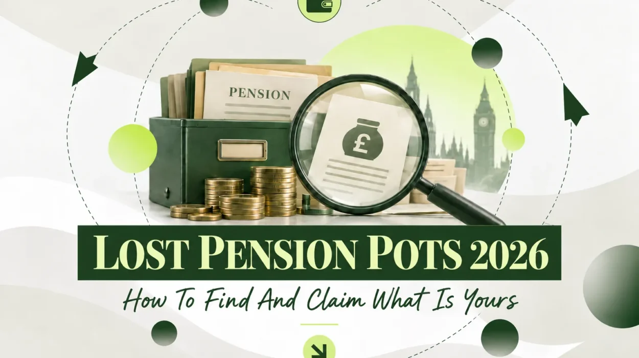 Magnifying glass over pension paperwork in a filing box with coins and the Houses of Parliament behind, illustrating how to find lost pension pots