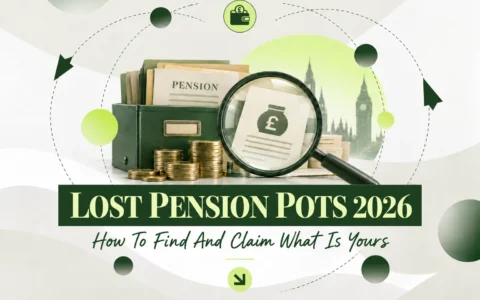 Magnifying glass over pension paperwork in a filing box with coins and the Houses of Parliament behind, illustrating how to find lost pension pots