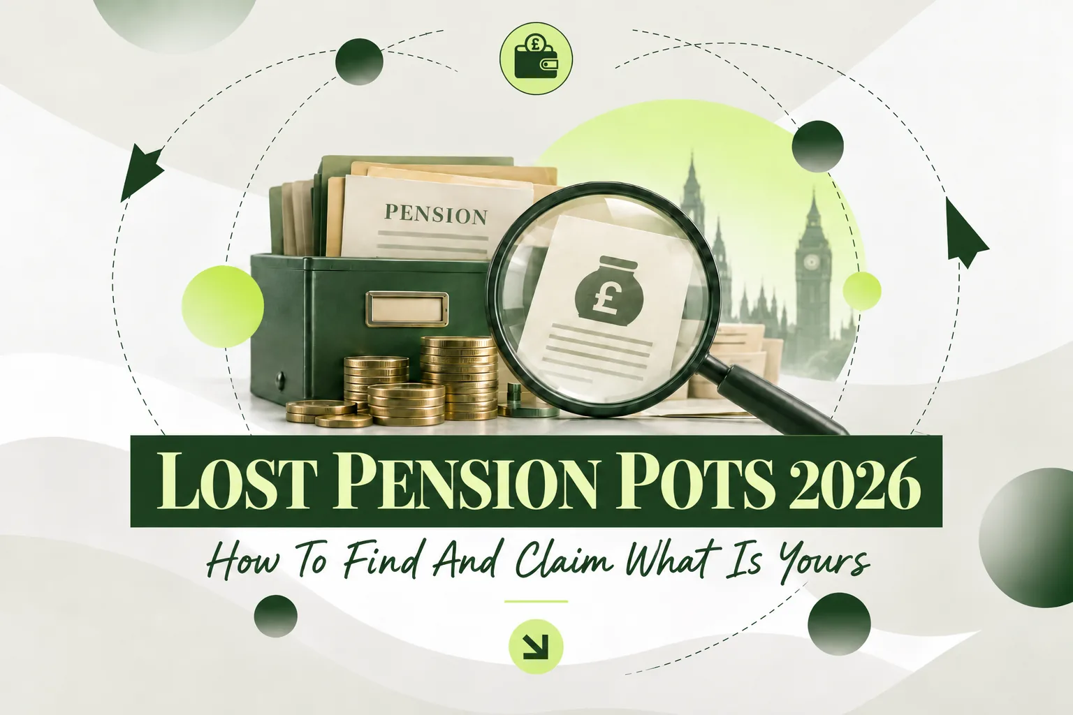 Magnifying glass over pension paperwork in a filing box with coins and the Houses of Parliament behind, illustrating how to find lost pension pots