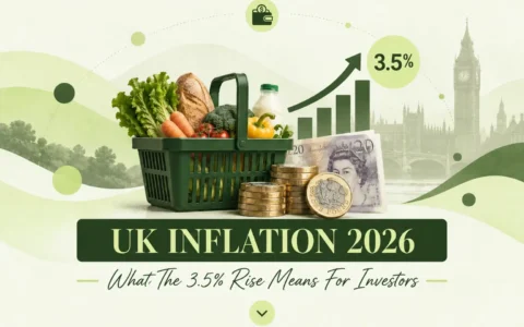 Line graph of UK inflation rising above a target threshold outside a central bank building